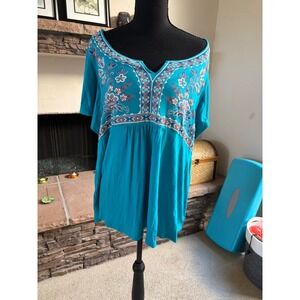 One World Live and Let Live Turquoise Embroidered Boho Knit Top 1X Plus Size